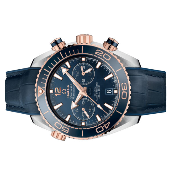 Omega Seamaster Planet Ocean 600M Co-Axial Chronometer Chronograph Blue Dial Gold Steel